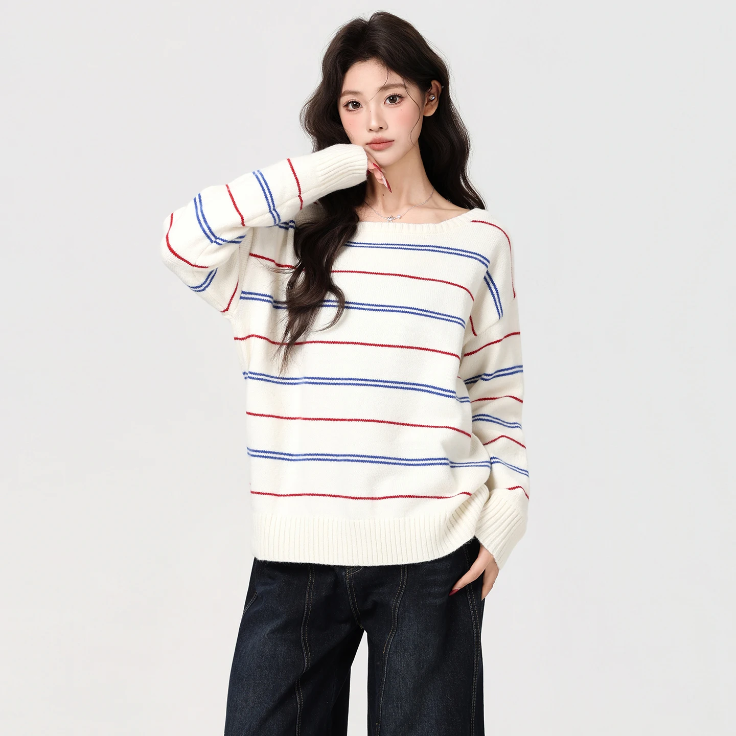 

Striped Diagonal Collar Off Shoulder Pullover, Long Sleeved Sweater, Warm Base, Inner Layer, Autumn and Winter Top for Women