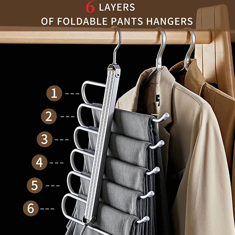 Aluminium Alloy Pants Hanger 6 In 1 Magic Trouser Hangers Folding 360 Rotatable Closet Organizer Pants Hanger Space Saving