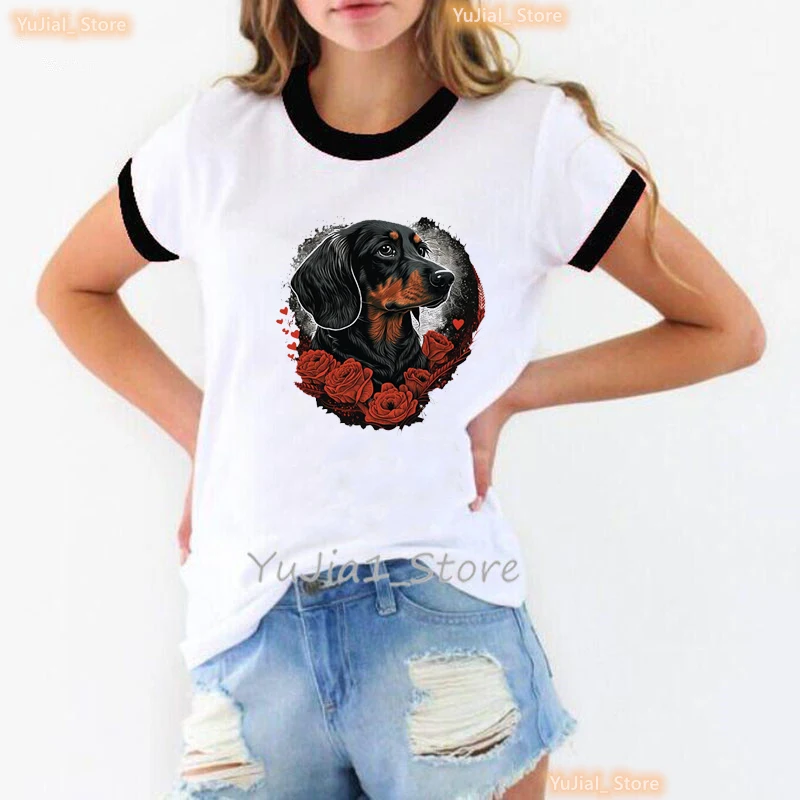 2024 Hot Sale Colorful Dachshund Animal Print Tshirt Women Harajuku Kawaii Schnauzer Dog Lover T Shirt Femme Summer T-Shirt