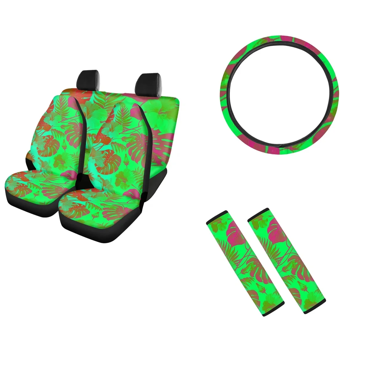 Universal Front Back Car Seat Cover Hibiscus Monstera Printing Fit SUV Trucks Steering Wheel Cover Seat Belt  Accesories Para