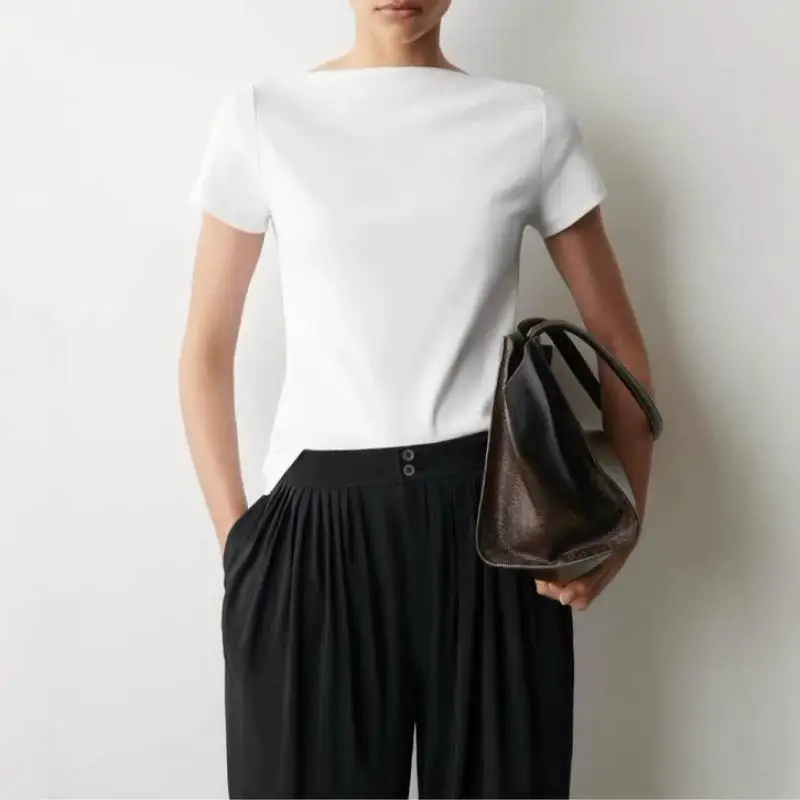 Maxdutti Southern France Lazy Minimalist Women's Slim Fit Version Boat Neck Short Sleeved T-shirt White Summer T-shirt Woman Top