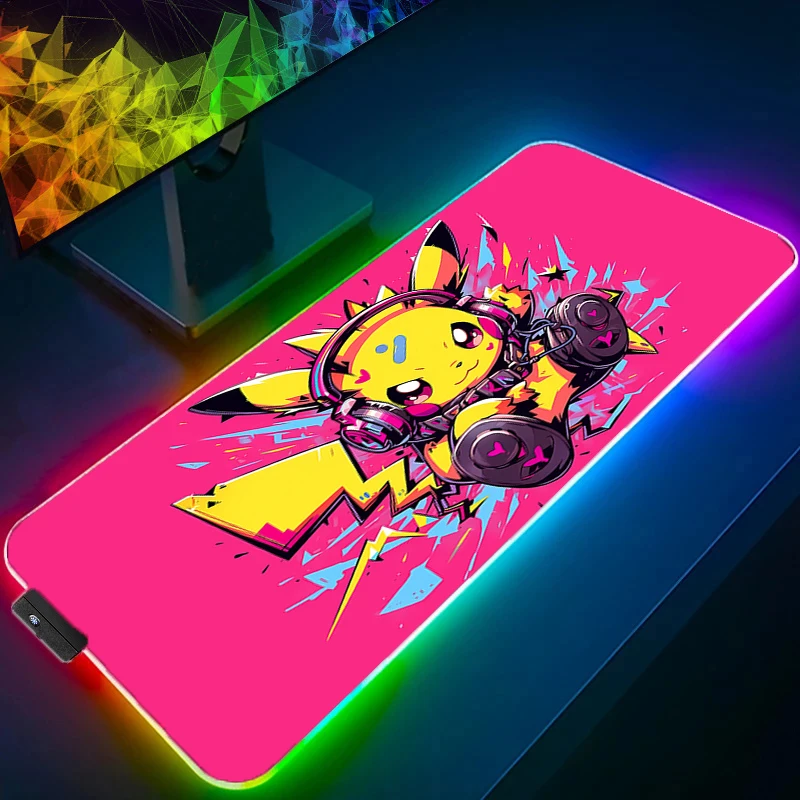 Mouse Pad RGB Rubber PC P-Pokemon P-Pikachu Computer Gaming Accessories Mousepad Desk Mat LED Locking Edge Gamer Carpet