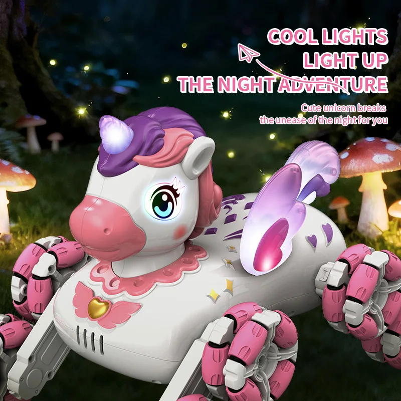 لعبة يونيكورن ذات 8 عجلات للتحكم عن بعد - مع إضاءة وموسيقى، تصميم وردي جذاب، مثالية للفتيات