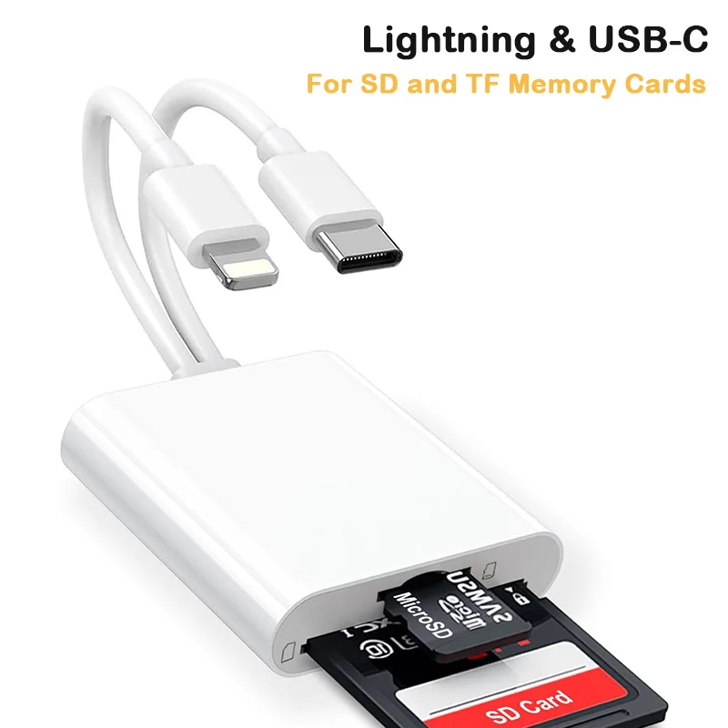 

SD Card Reader for iPhone, iPad, USB C & Lightning Dual Connector Digital Camera Adapter to iPhone