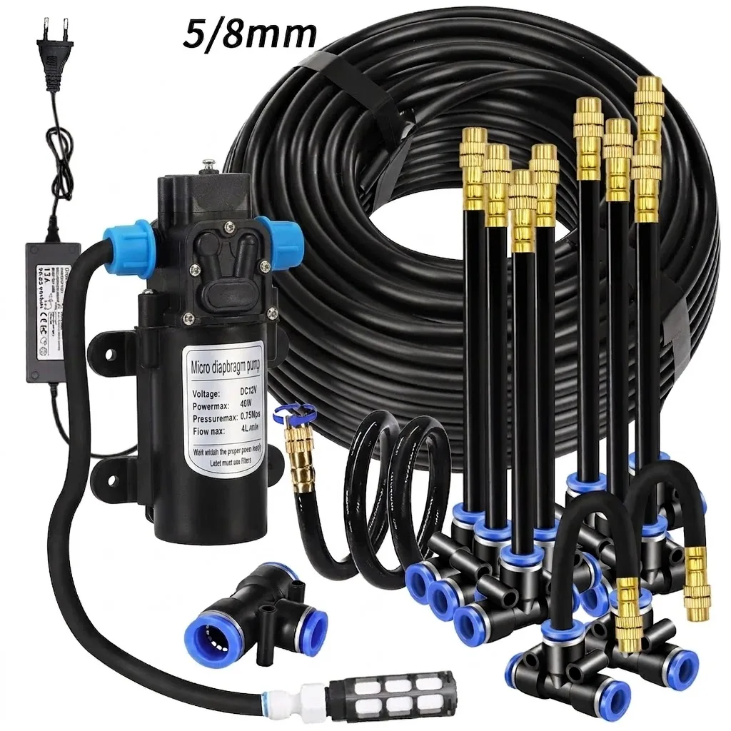 Garden Misting System 5/8mm PE Hose Sprayer Kit 60W Self Priming Pump 20cm Universal Brass Nozzle Gazebo Plants Outdoor Solution