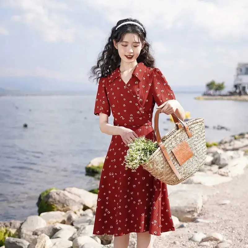 

WLF Women Clothing 2025 Style French Waist Cinching High-end Temperament red Tea Break Dress Summer Hong Kong Style Retro Dress