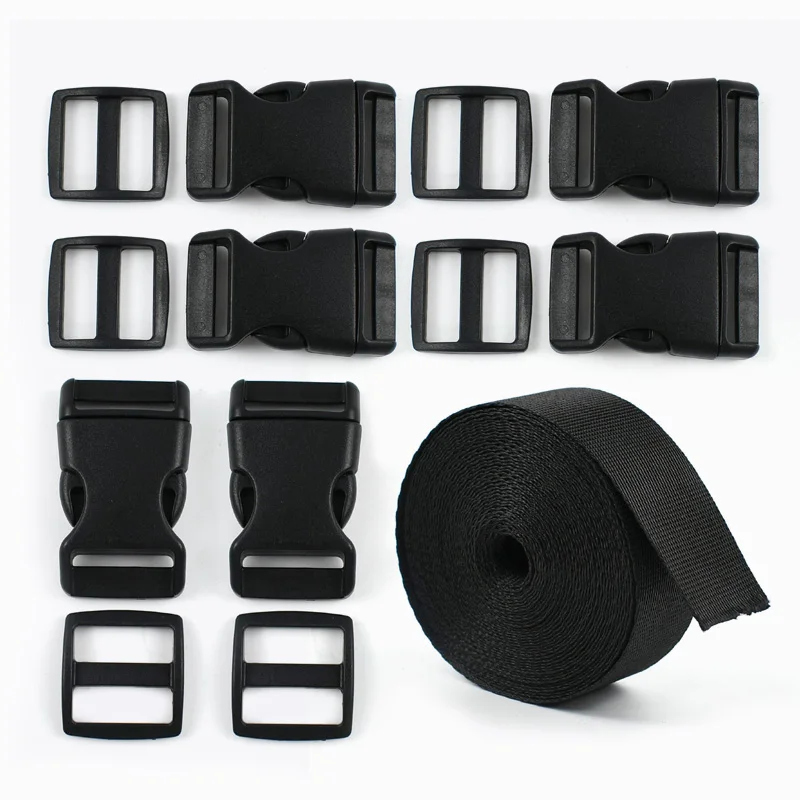 

Buckles and Strap Set 15/20/25mm 10Meters Nylon Webbing 10Pcs Release Buckle Tri-Glide Slide Clips Black Plastic Carabiner Kits