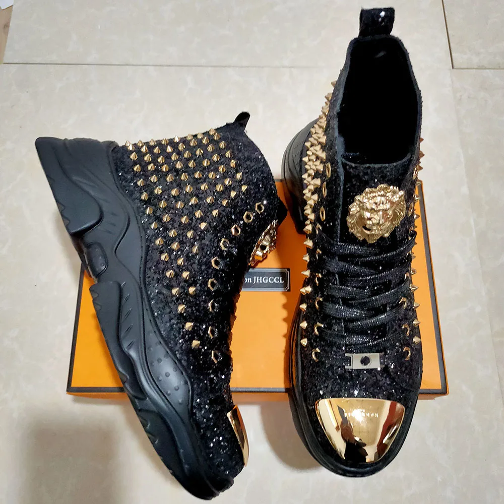 Luxury Studded Boots Men's Shoes Designer Sneakers Men's Punk High tops green light soles casual platform shoes A7