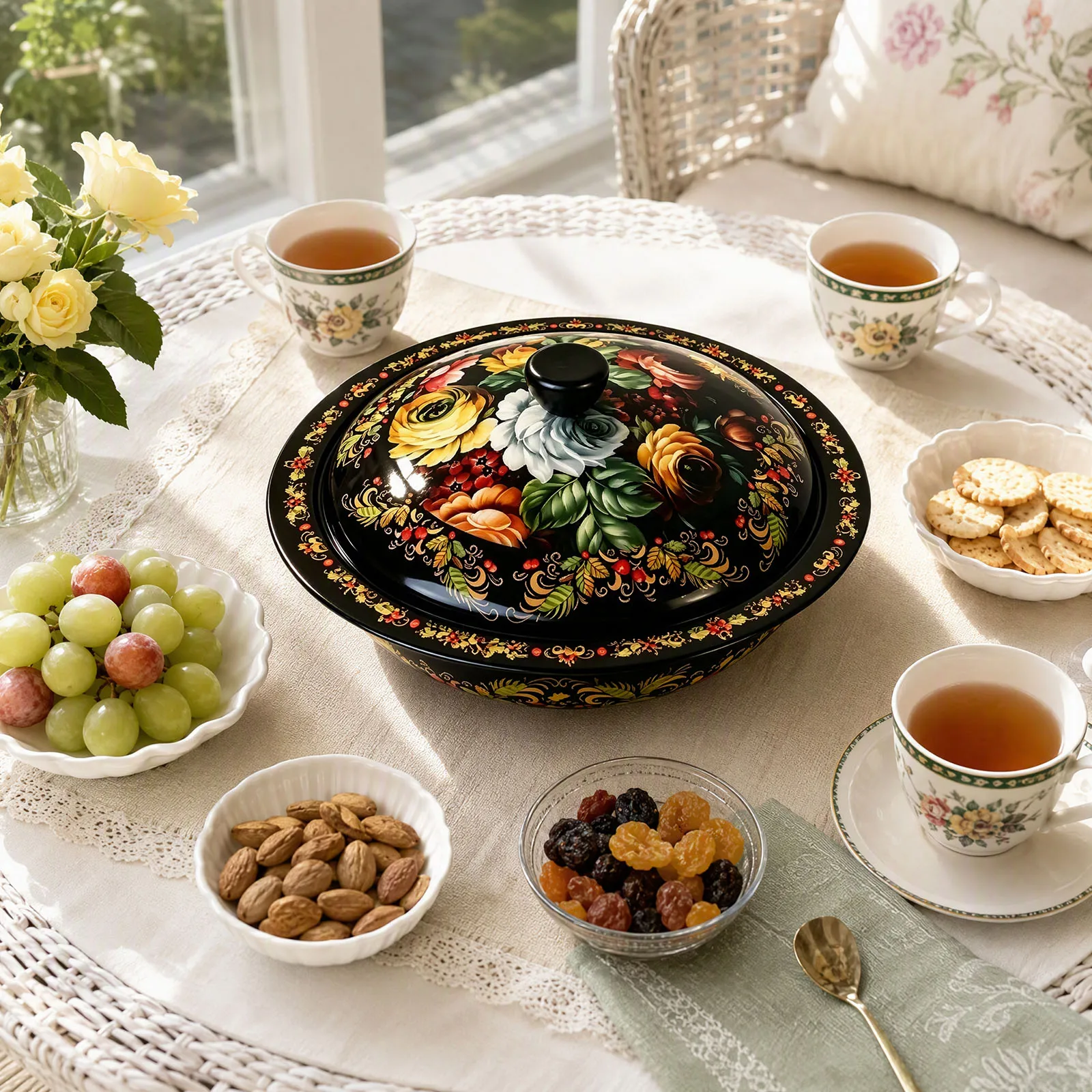 Ethnic Print Tinplate Tray with Fitted Lid Round Lacquered Metal Basin for Home Wedding Celebration Storage