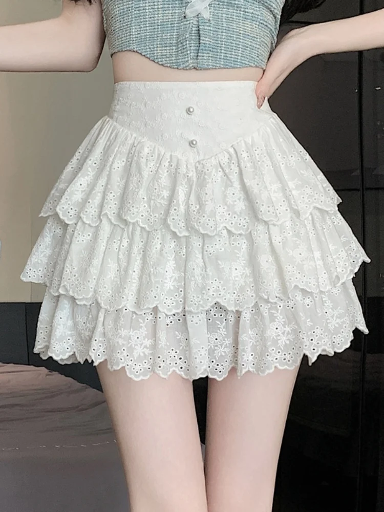 

Super Immortal Sweet Lace Embroidered Hollow Out Skirt Summer High Waist Slimming Anti Light Cake Short Skirt For Women Clothing