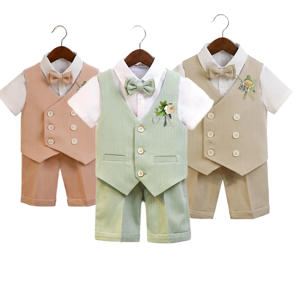 Boys Summer Vest Dress Suit Child Wedding Birthday Party Performance Photography Costume Kids Waistcoat Shorts Bowtie Outfit