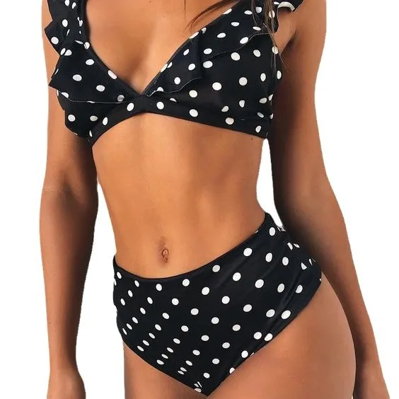 

2026 New Summer Women Sexy Deep V Neck Swimsuit Polka Dot Frill Trim Swimwear High Waist Biquini Backless Holiday Look Beachwear