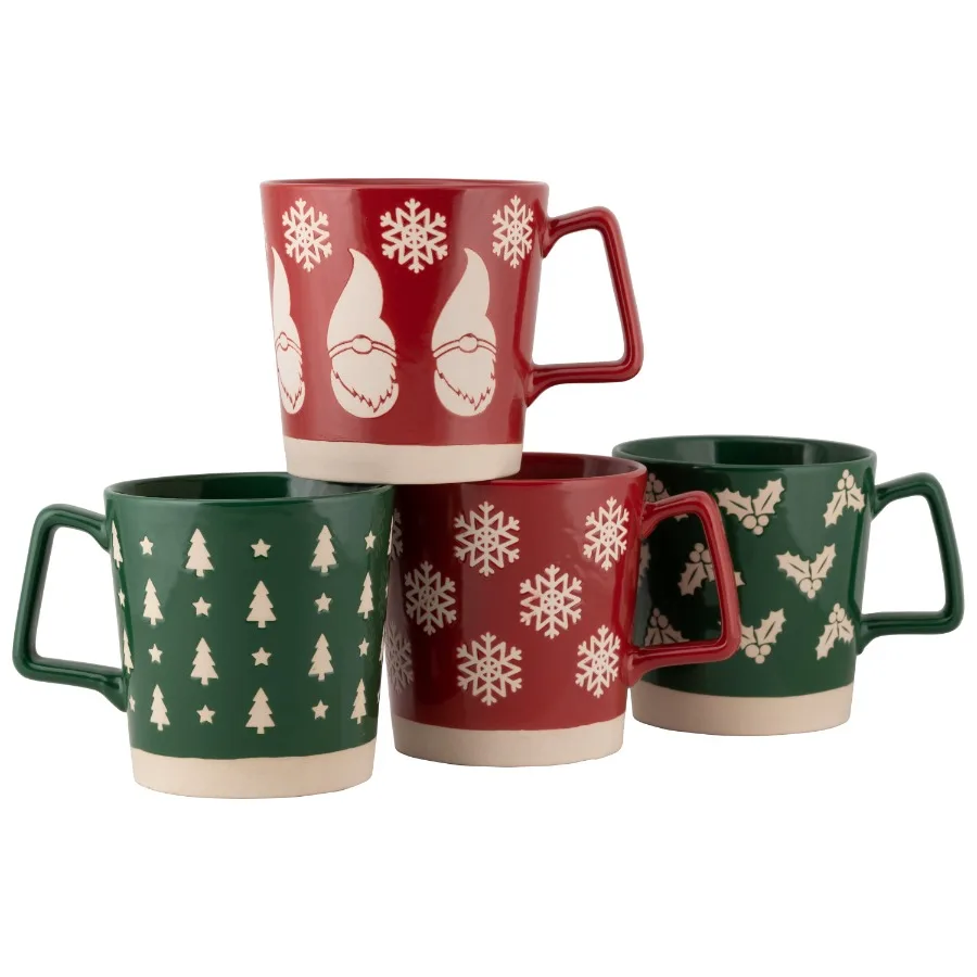 Assorted 20 fl oz Holiday Print Ceramic Mug Set of 4 Mugs