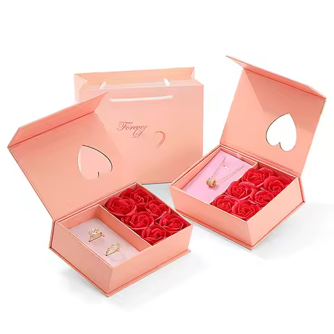 Valentines Rose Romantic Gift Box Double-deck Lining Ring Necklace Exquisite Pink Bag Package Magnetic Boxes Couple Accessory