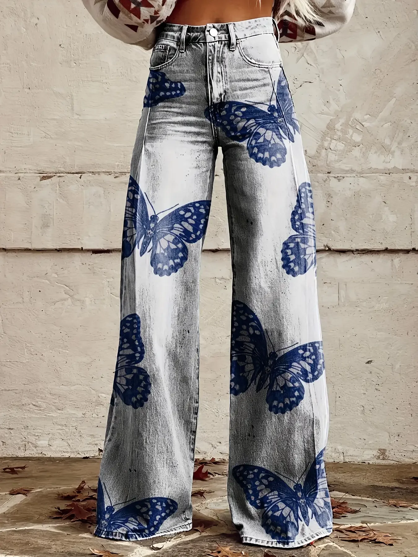 New women's printed exquisite pattern wide leg imitation jeans ,Printed bell bottom pants, multi-color full print