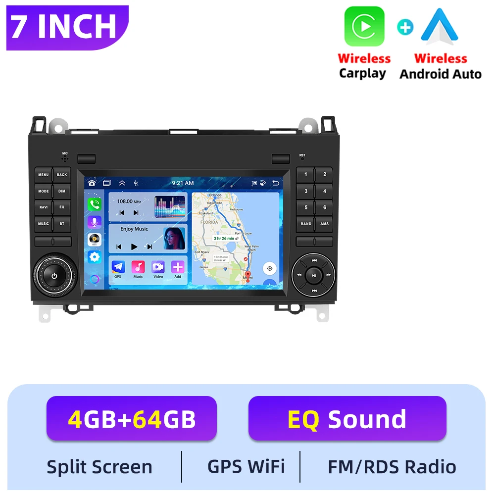 Podofo 2DIN 4+64G autoradio met Carplay voor Mercedes Benz B200 Sprinter A-klasse, GPS, Android Auto, WIFI, Mirror Link, intelligent systeem