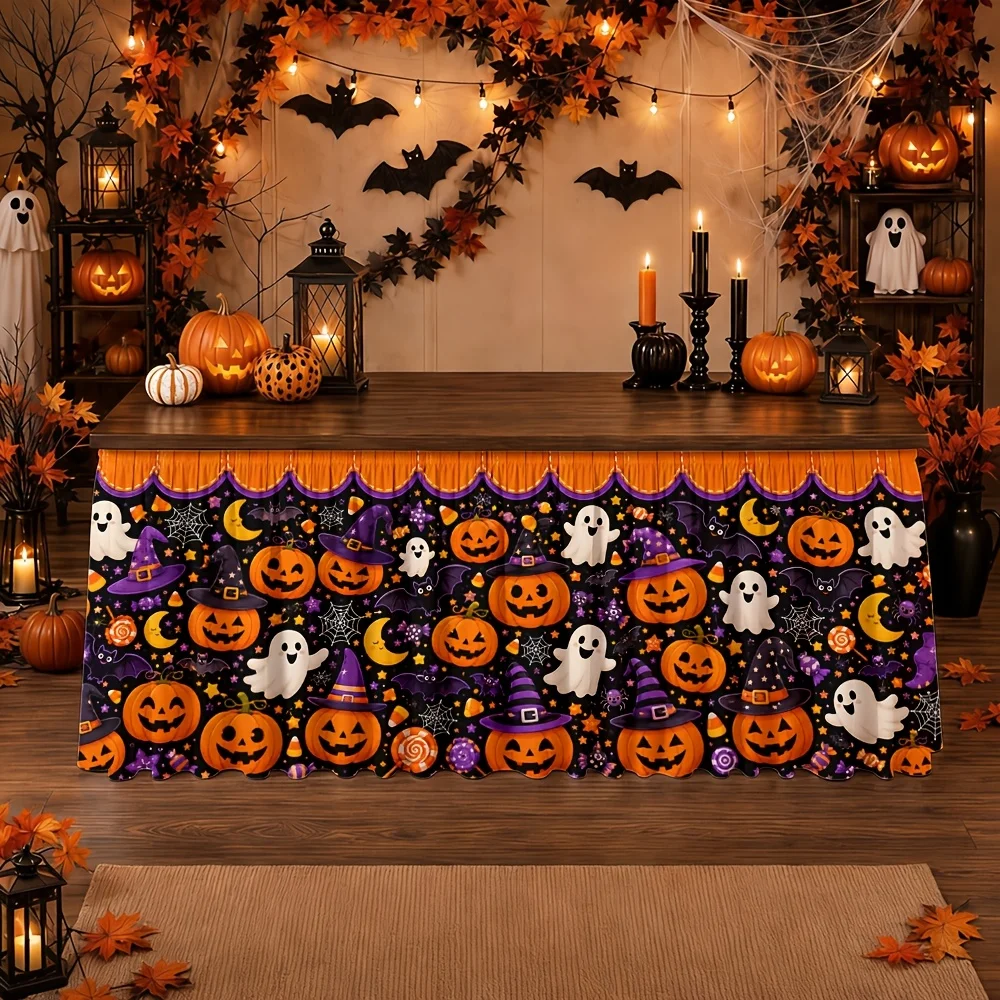 Send a set of tablecloth and tablecloth cover (1-piece) featuring a Halloween pumpkin, ghost, witch, moon and spider web.zyc