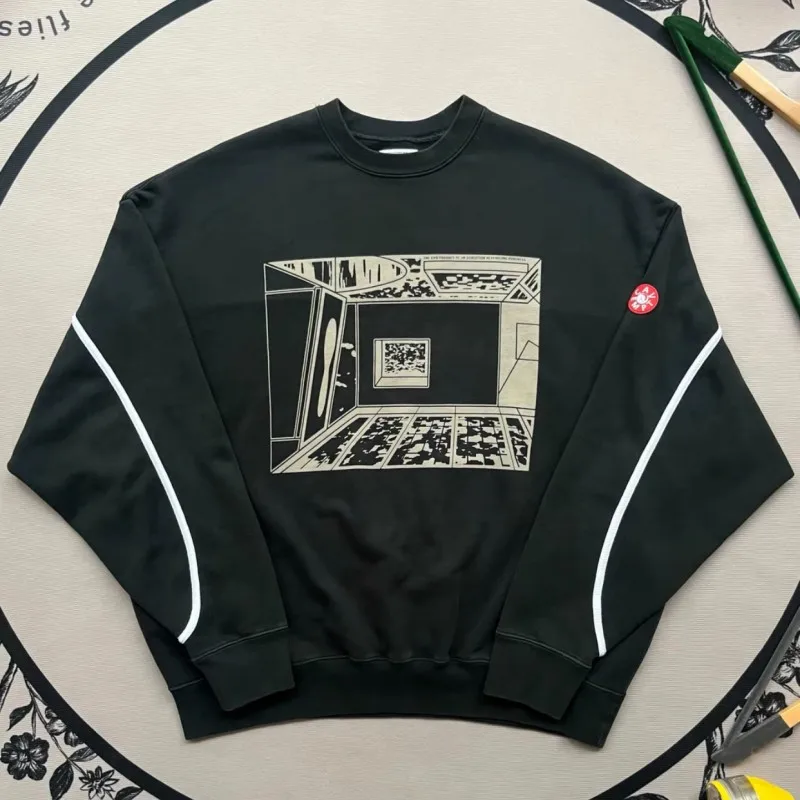 

Свитшоты CAVEMPT: Повседневный уличный стиль, абстрактный узор «Коридор/Пространство», черный пуловер с круглым вырезом, унисекс, топы CE, уличная одежда