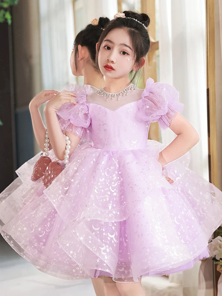 2024 Teenmiro Princess Party Dress for Children Infants Pink Purple Sequins Beading Ball Gown Kids Weddings Flower Girl Dresses