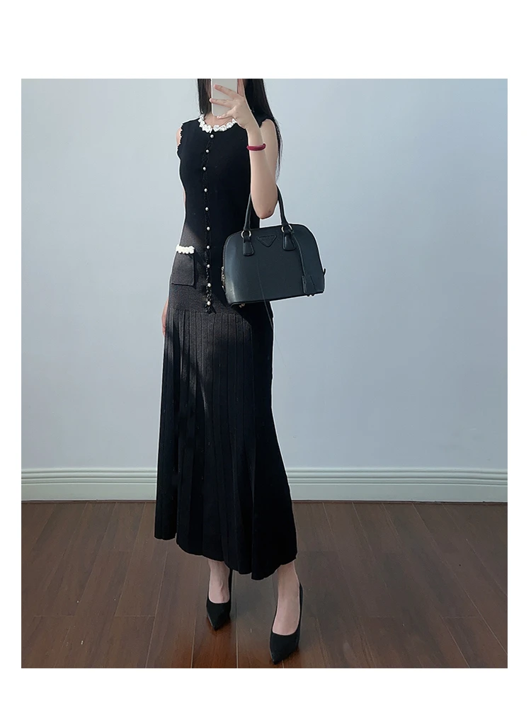 

Элегантное вязаное макси-платье Ele с жемчужным декором, облегающее, с круглым вырезом, с завышенной талией, для женщин, для офиса и повседневной носки