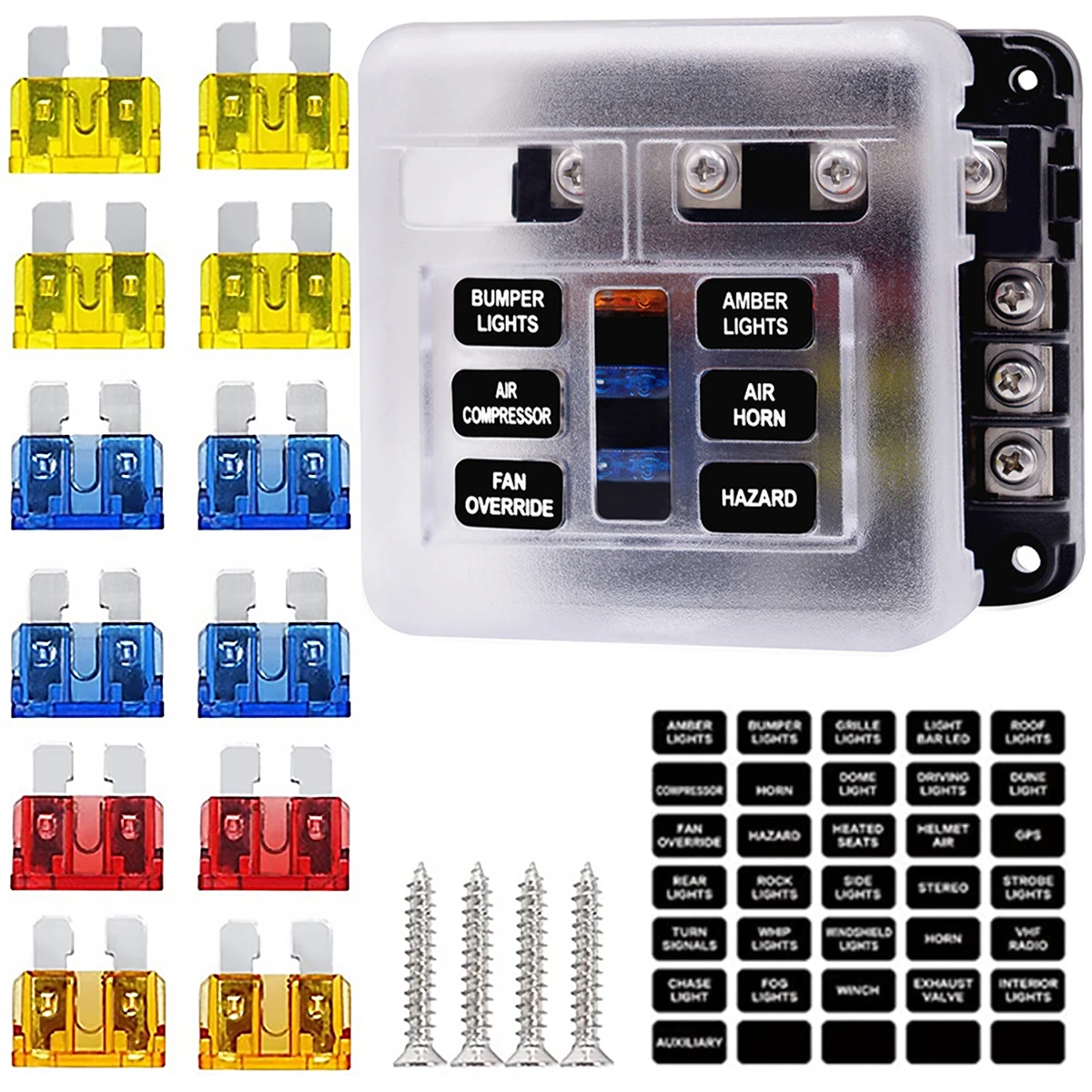 6-Way Fuse Block 12V/24V Circuit Fuse Block Blades Waterproof Fuse Box Holder with 12 Fuse Blades Led Indicator Lables for Auto