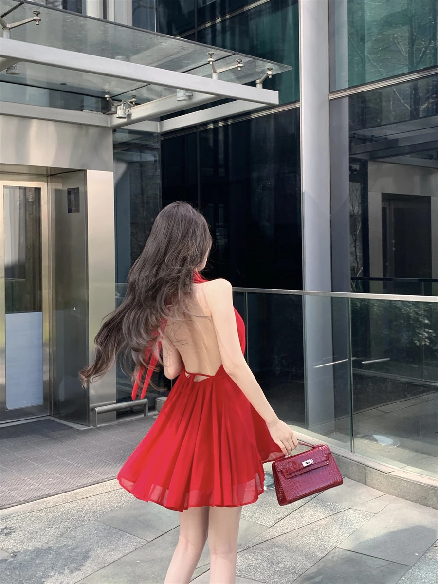 Red Sexy Bal Hanging Ne Dr Women's Summer Elegance Pure Desire ort Skirt Korean Sle  Knot Waist Cinch