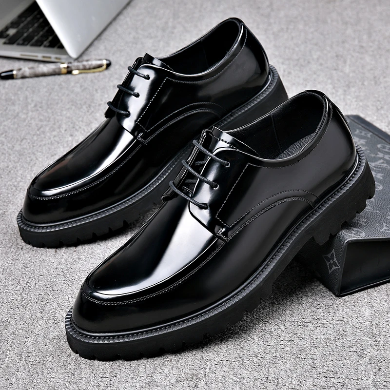 Leather Shoes Men's Genuine Leather Thick  Attire Shoes British Style Casual Pointed Wedding Shoes Hairstylist Dress for Men