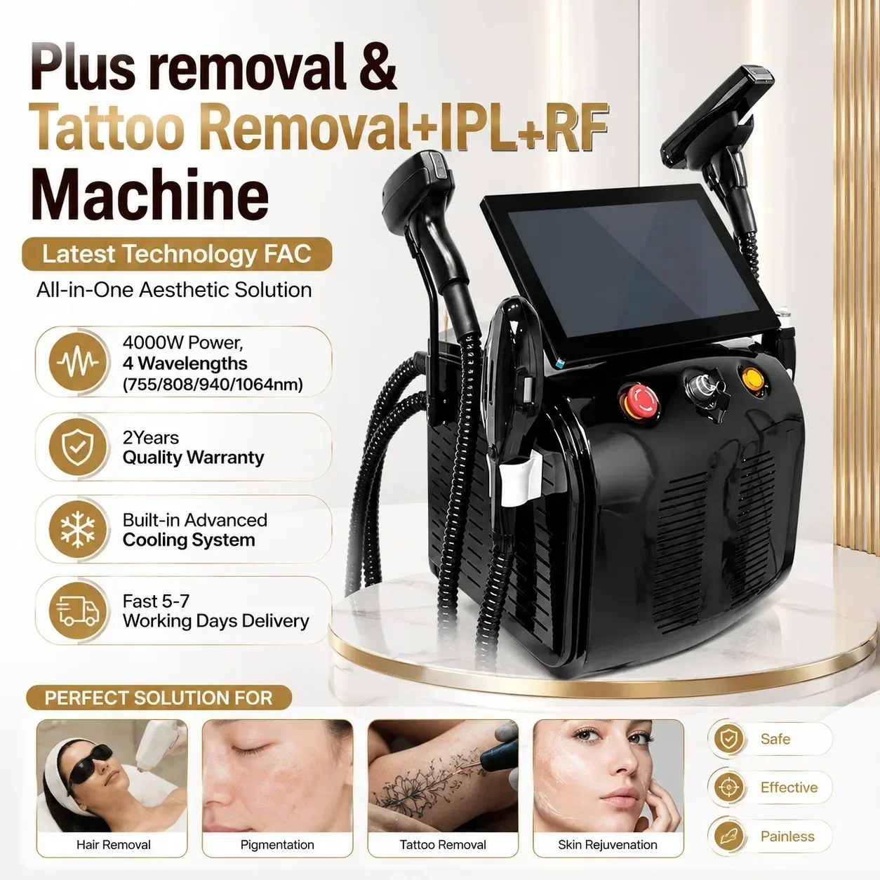 2026 4-in-1 Painless Hair Removal Device: RF Diode Laser (4 wavelengths: 755/808/940/1064nm) and Picosecond/Nd:YAG Laser System