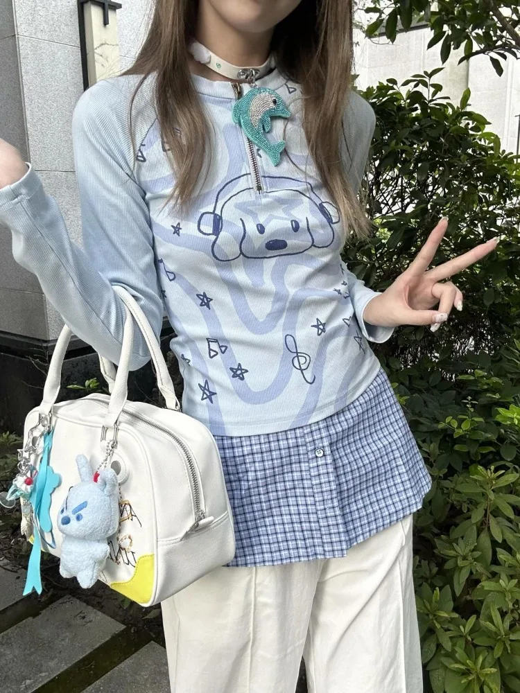 Kimotimo 子犬プリント Y2k Tシャツ女性 2025 春偽二枚ジッパー原宿トップスグランジ美的長袖カジュアル Tシャツ