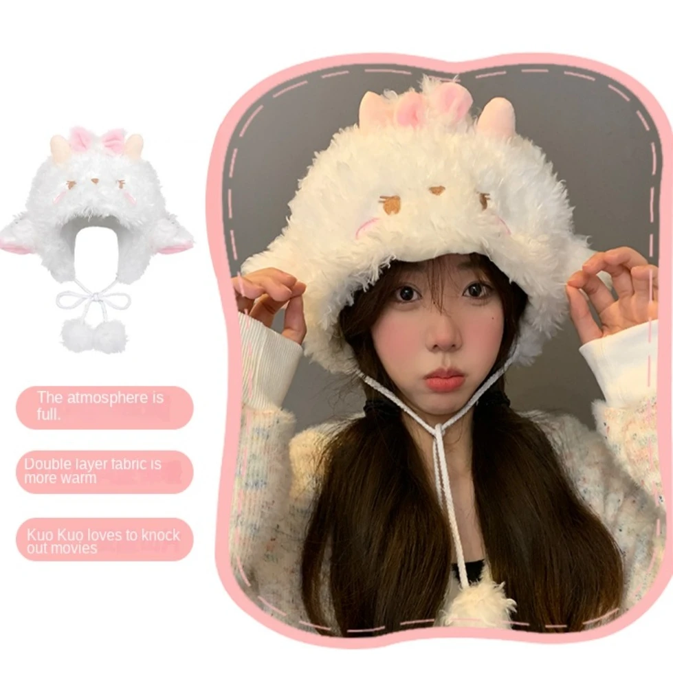 Kawaii Soft Sheep Ear Bucket Hat Lolita Fluff Dome Hat Sweet Pink White Brimless Beanie Cap Autumn