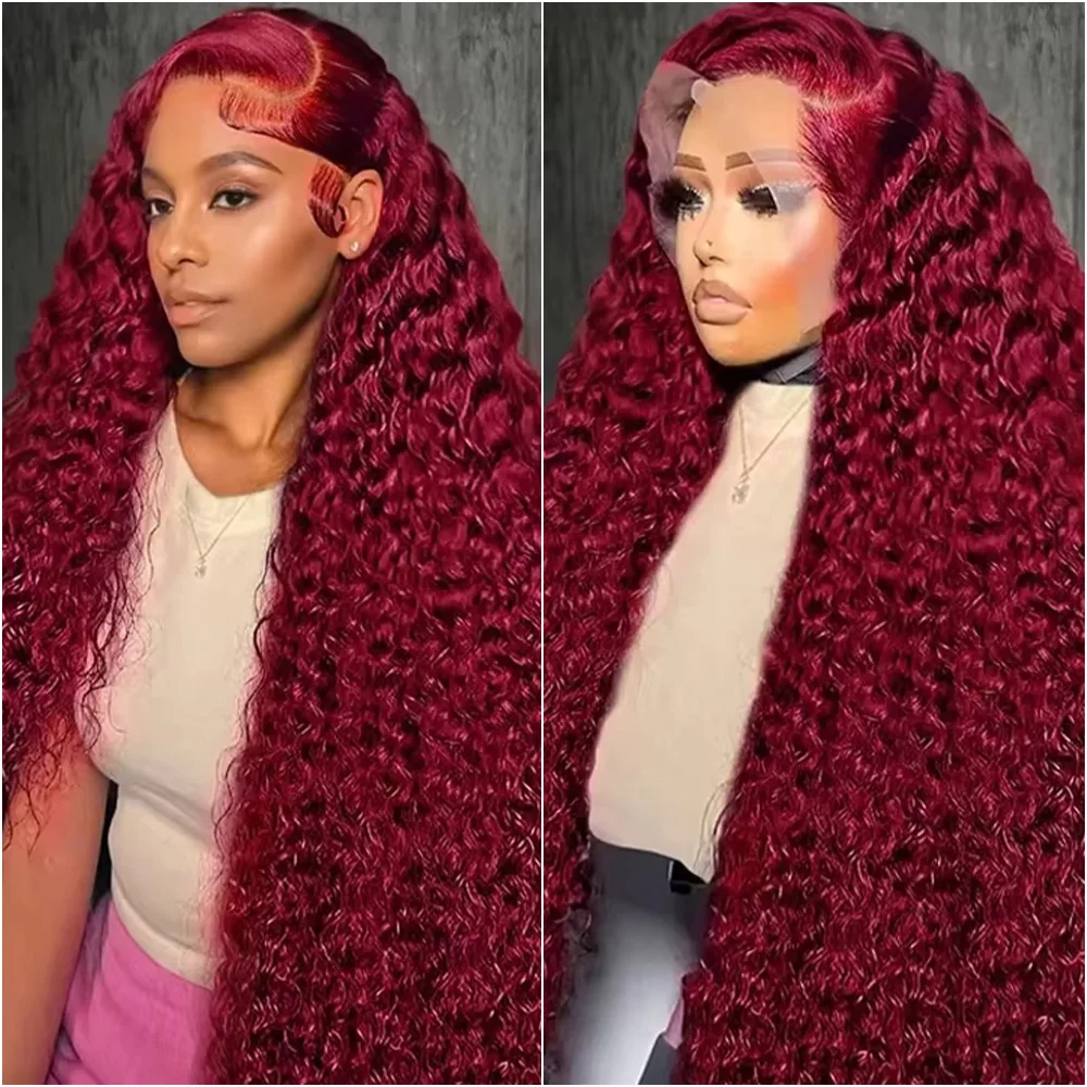 

#99j Burgundy Deep Wave Lace Frontal Wigs 100% Pre-Plucked Human Hair 13x4 and 13x6 HD Lace Wigs Red Curly 200 220 Density Wigs