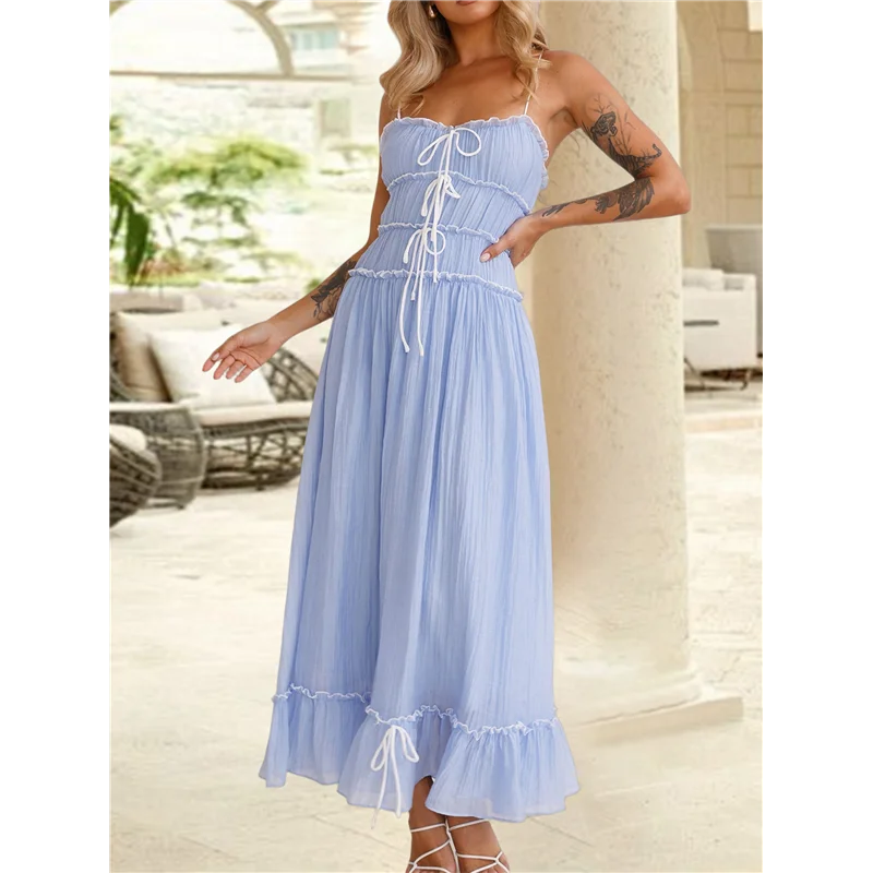 ใหม่-สตรี 2025 ฤดูร้อนชุดลําลองสปาเก็ตตี้ RIC Rac Trim Smocked Ruffle Beach Long Maxi ชุด