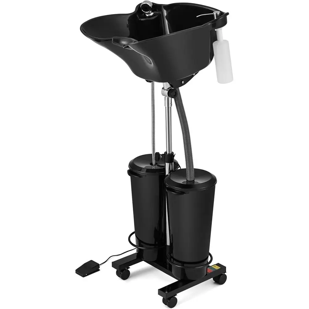 Adjustable Height Portable Hair Washing Sink with Electric Pump, Dual Buckets, Drain Hoses, High-Pressure Sprayer, and Foot Peda