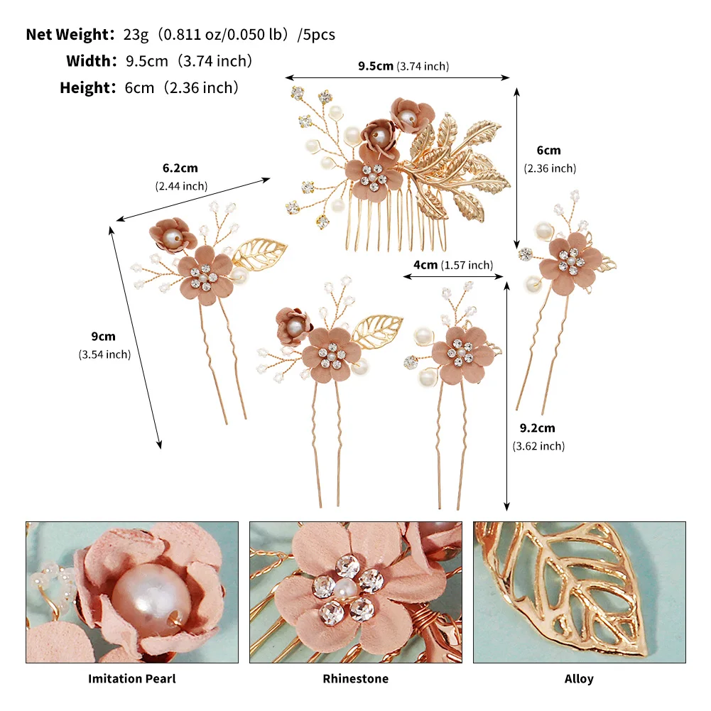 Fashion Pink Hair Combs 5PK/Set Elegant Flower Bridal Hair Clips Delicate Pearl Beaded Hairpin For Women Wedding Hair Accessorie image 6