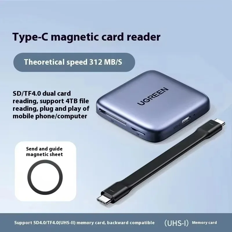 Ugreen قارئ البطاقات المغناطيسية Usb-C إلى فتحة SD/TF Sd4.0 312mb/S لـ Magsafe iPhone16/17 وملحقات الكمبيوتر المحمول محول بطاقة SD الصغيرة