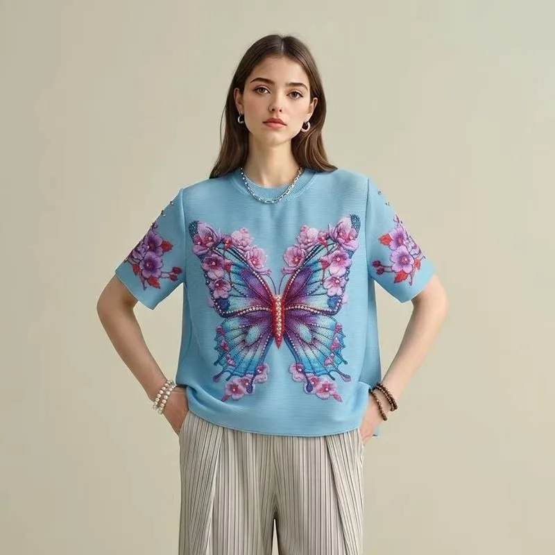 

Miyake Pleated T-Shirt 2026 Summer New Butterfly Print Short Sleeve Fashion Casual Top Women's Loose Elegant Stretch Clothing