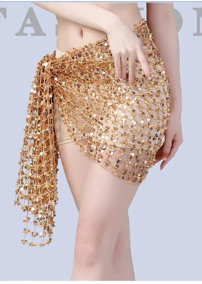 New Dance Hollow Waist Chain Belly Dance Sequin Water Velvet Square Towel Practice Hip Scarf Performance Waist Seal Waist Scarf