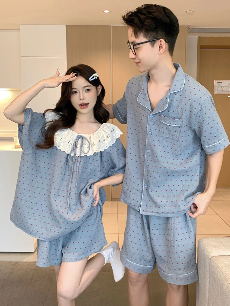 Korean Style Sweet Lace Polka Dot Double Layer Cotton Couples Sleepwear Short Sleeve Casual Home Clothes Set for Men And Women