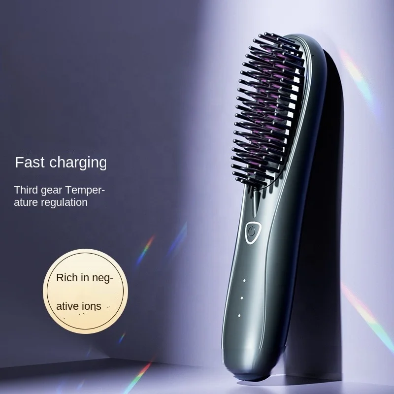 مشط صغير لاسلكي 2 في 1 لتجعيد الشعر المستقيم واستقامة الشعر، فرشاة مستقيمة بالأيونات السالبة للاستخدام المنزلي في الفنادق