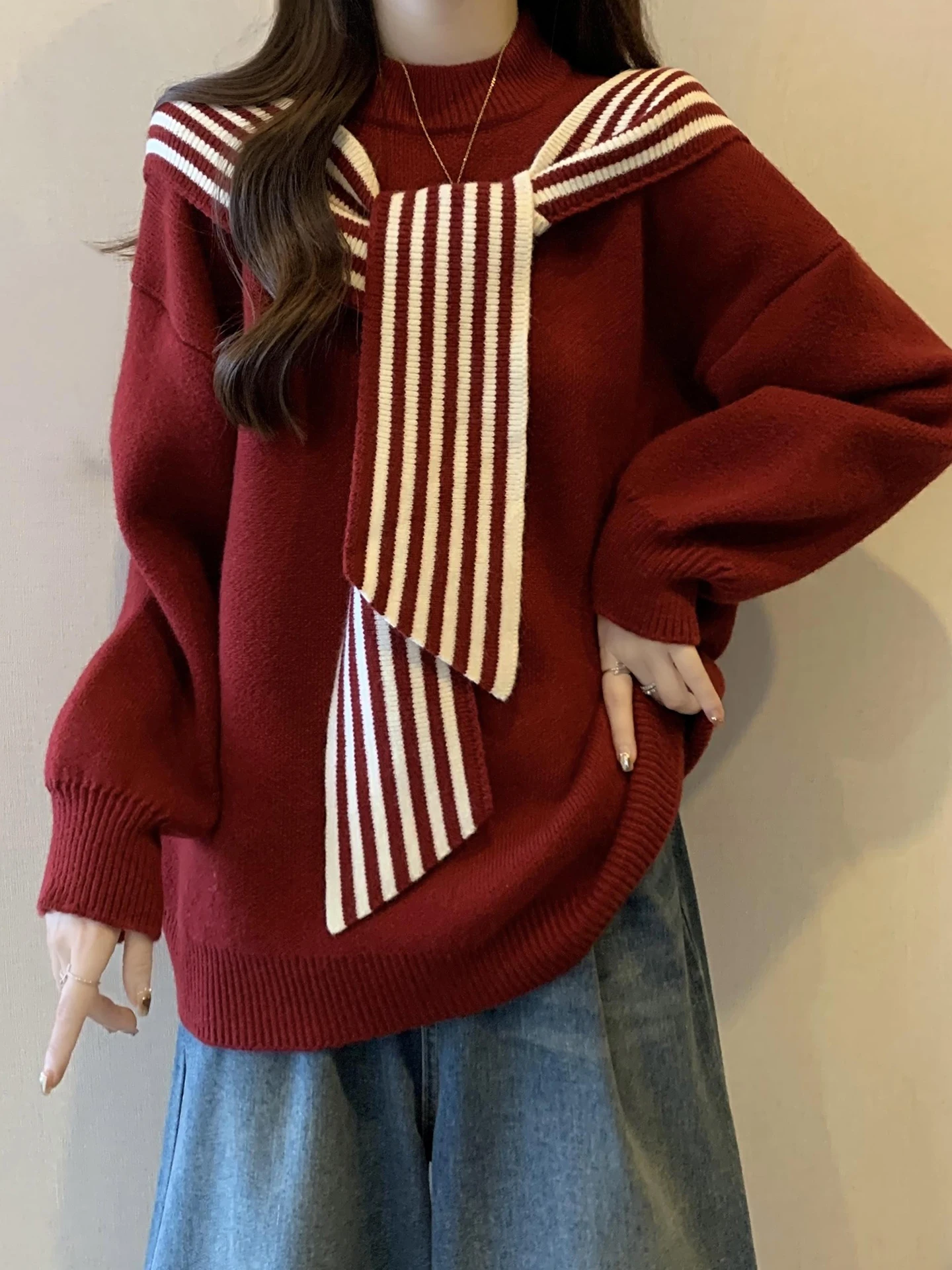 

Red Stripe Knit Sweater Women's Autumn Winter plus Size Lazy High-End Feeling awl Casual Commute Sle Thi Warm Coat