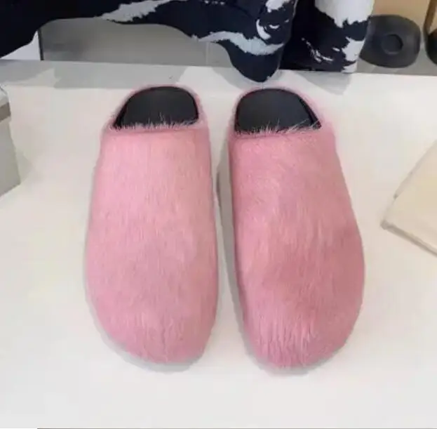 Orange Green Yellow Horsehair Fur Slip On Slippers Round Closed Toe Thick Sole Casual Slide Women Leisure Outdoor Street Shoes