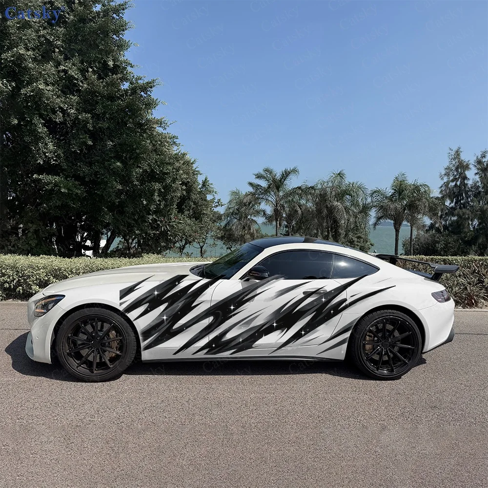2Pcs Black and White Speed Stripes Car Body Side Stickers, Automotive Door Side Graphics for Cars, Car Decoration Accessory