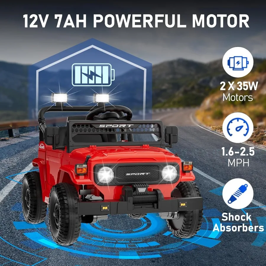 12Vリモコン付き乗用玩具車、3歳以上の女の子向け、子供用電動ジープ、スプリングサスペンション、Bluetooth、音楽、LED搭載、3