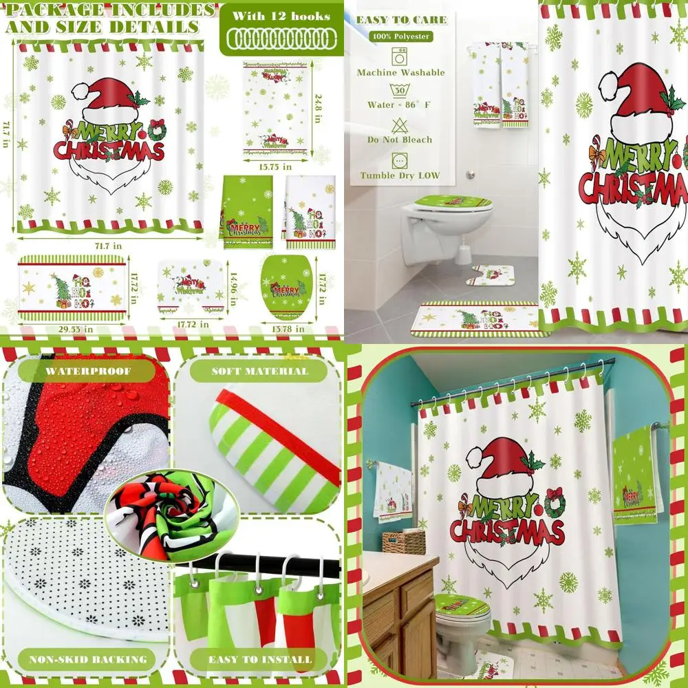 

7-Piece Christmas Bathroom Set: Santa Shower Curtain, Rugs, and Towels for Festive Season