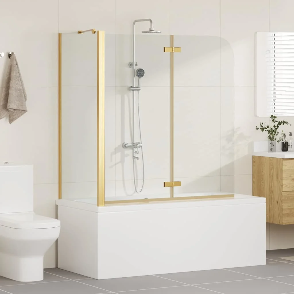 Paravent de baignoire avec cadre en aluminium doré et verre trempé anti-éclaboussures, largeur réglable, pour séparation sec/humide, adapté aux salles de bain modernes, dimensions 120x130 cm, cloison de bain résistante