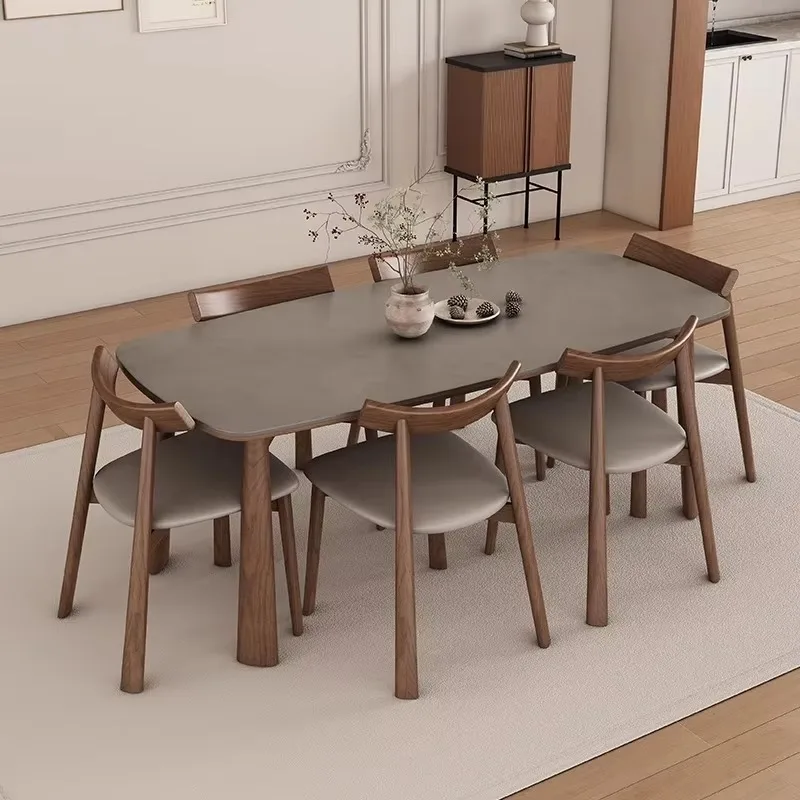 Minimalist Wabi-Sabi Contemporary Dining Table, Sintered Stone Top With Solid Wood Legs, Elegant 6-Seat Dining Room Furniture