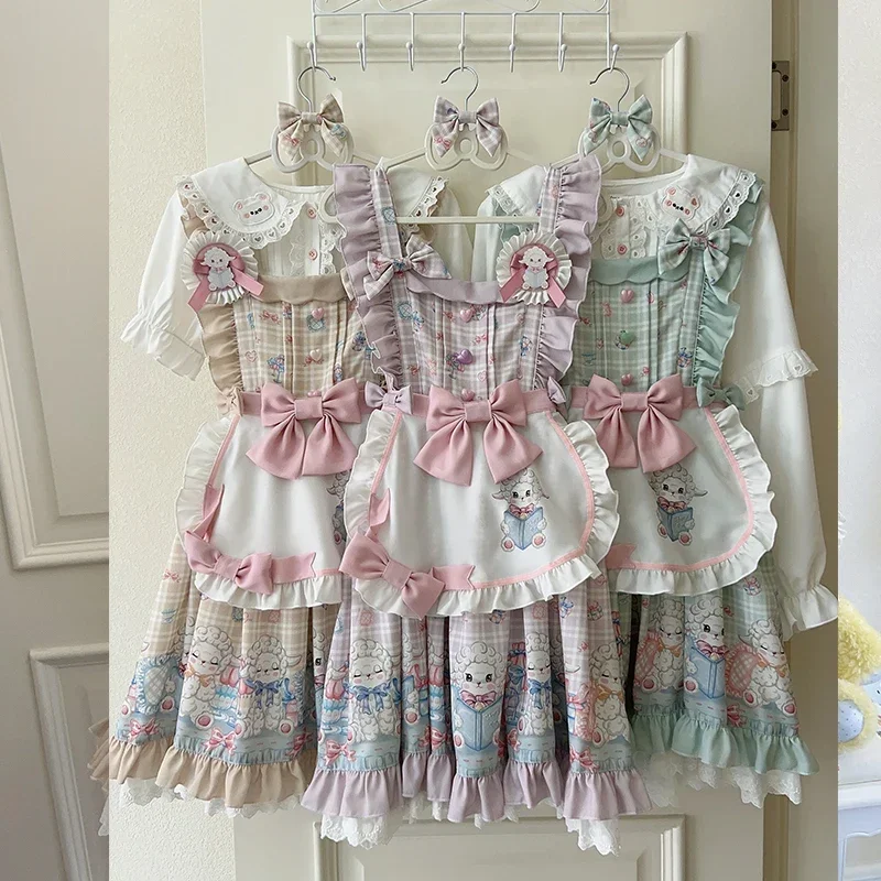 Abito con bretelle Lolita originale Set femminile carino dolce ragazza agnello stampa grembiule con fiocco grande abito da consegna di compleanno top a maniche lunghe