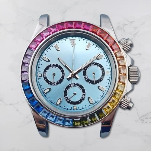 39.5mm Silver Watch Case Rainbow Bezel Luminous Panda Dial Fits VK63 Movement 316L Stainless Steel Sapphire Glass Waterproof