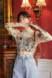 女性用長袖メッシュTシャツ,韓国風プリントTシャツ,婦人服2020