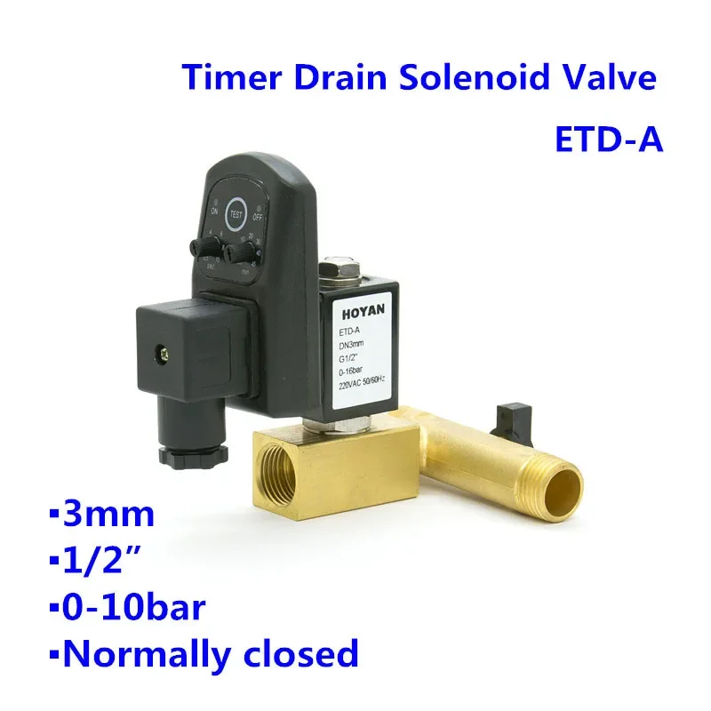 2 Way Normal Close Pneumatic Timer Drain Solenoid Valve ETD-A 0-16bar Orifice 3mm BSP Port G1/2 AC220V